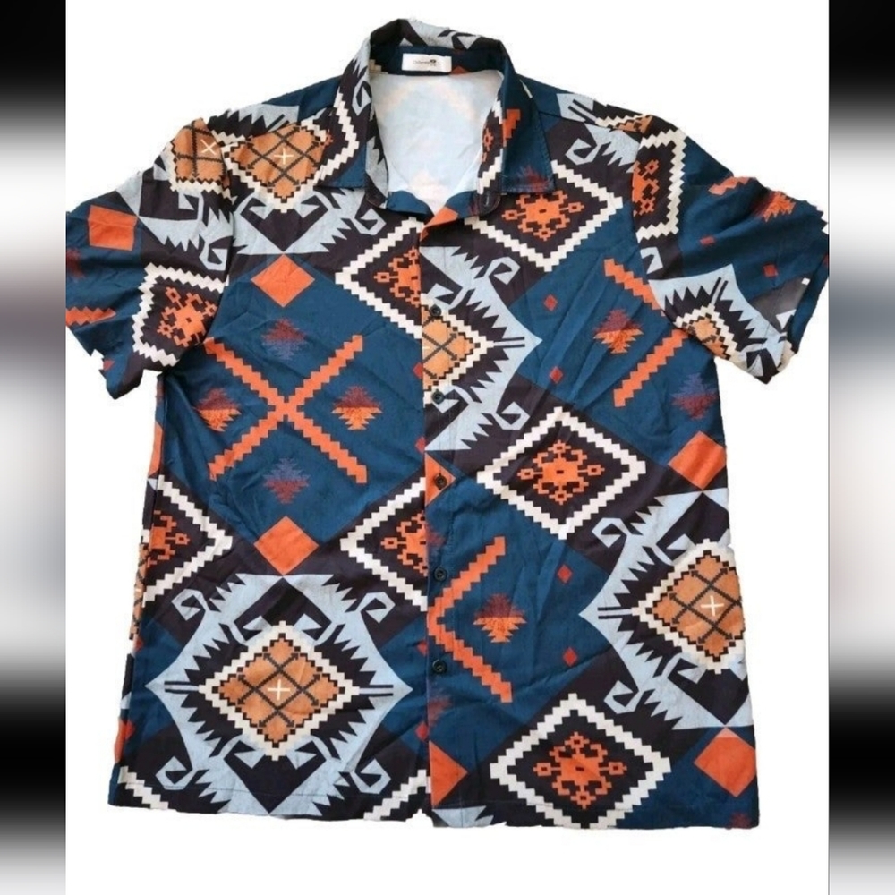 ChArmkpR Lightweight Aztech Geometric Print Button Up Short Sleeve Shirt Sz L